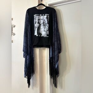 Stevie Nicks T shirt with upcycled kimono sleeves & tassels